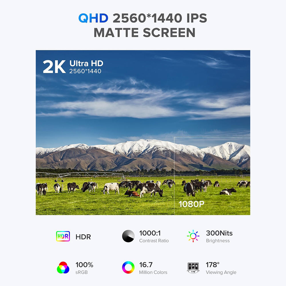 UPERFECT UMax22 22-inch Portable Monitor, 60Hz Refresh Rate, 2560*1440 IPS Screen, 100% sRGB, FreeSync, Built-in Speakers, Driver Free, HDR, Low Blue Light, 180° Adjustable Stand, 2*USB-C, 1*Mini HDMI, 1*Micro USB-B OTG, 1*Audio Jack - EU Plug