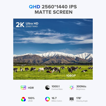 UPERFECT UMax22 22-inch Portable Monitor, 60Hz Refresh Rate, 2560*1440 IPS Screen, 100% sRGB, FreeSync, Built-in Speakers, Driver Free, HDR, Low Blue Light, 180° Adjustable Stand, 2*USB-C, 1*Mini HDMI, 1*Micro USB-B OTG, 1*Audio Jack - EU Plug