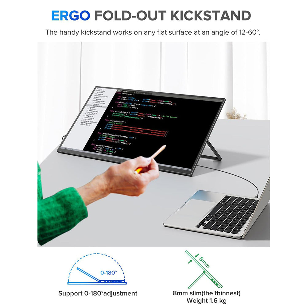 UPERFECT UMax22 22-inch Portable Monitor, 60Hz Refresh Rate, 2560*1440 IPS Screen, 100% sRGB, FreeSync, Built-in Speakers, Driver Free, HDR, Low Blue Light, 180° Adjustable Stand, 2*USB-C, 1*Mini HDMI, 1*Micro USB-B OTG, 1*Audio Jack - EU Plug