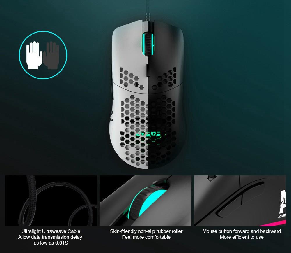 Ajazz AJ390 Ultralehká optická drátová myš s dutým dizajnom, RGB podsvietením, nastaviteľným DPI 16000 a 7 tlačidlami – čierna