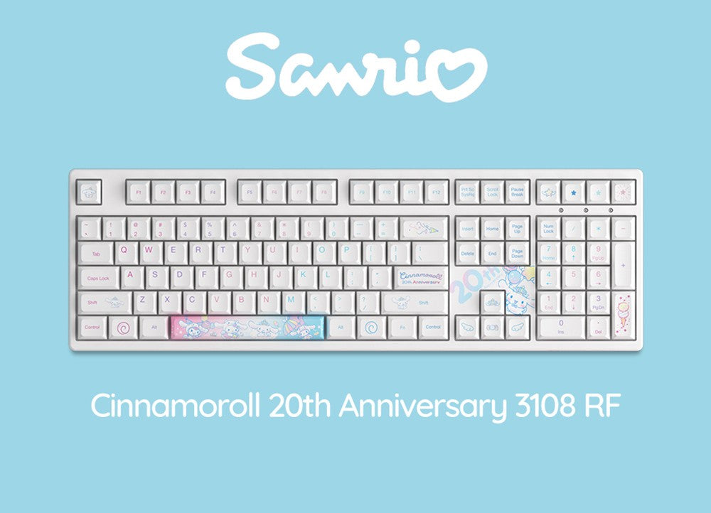 Mechanická klávesnica Akko Cinnamoroll 20th Anniversary 3108RF CS Sakura Switch s 108 klávesmi a duálnym režimom.