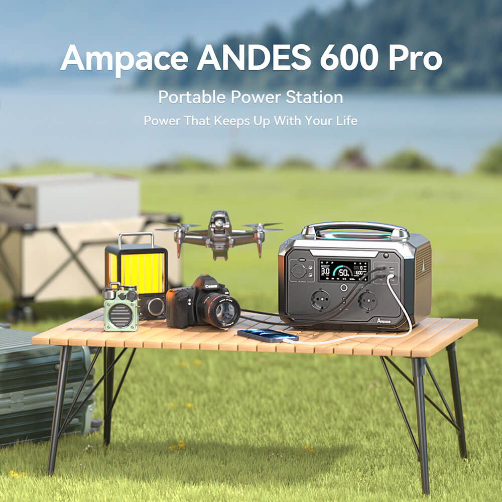 Ampace Andes 600 Pro Portable Power Station, 584Wh LiFePO4 Hybrid Battery, 600W(Surge 1800W) SiCPrime Solar Generator, Recharge to 80% in 1 Hour, 2xAC 2xUSB-A 2xUSB-C 2x5521 1xCar Socket, 2000 Cycles, -20℃~45℃, APP Control, for Outdoor, RVs, Home Use