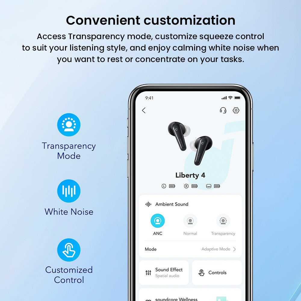Anker Soundcore Liberty 4 True Wireless ANC slúchadlá, Hi-Res bezdrátový zvuk, priestorový zvuk s dvoma režimami, senzor srdcového tepu - čierna