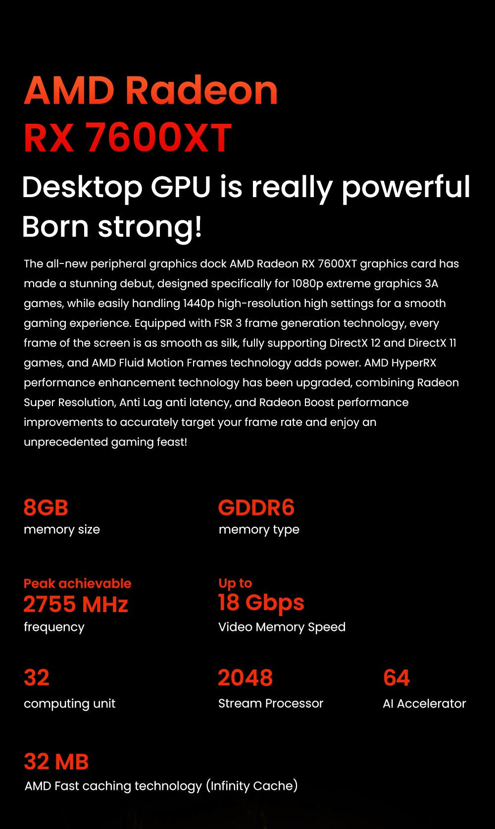 AOOSTAR XG76XT eGPU Dock s grafickou kartou AMD Radeon RX 7600MXT, 8GB GDDR6 RAM, 128bit, 1*USB 4.0, 1*Oculink, 1*HDMI, 2*DP, 1*Type-C, 100W reverzné nabíjanie - EU zástrčka