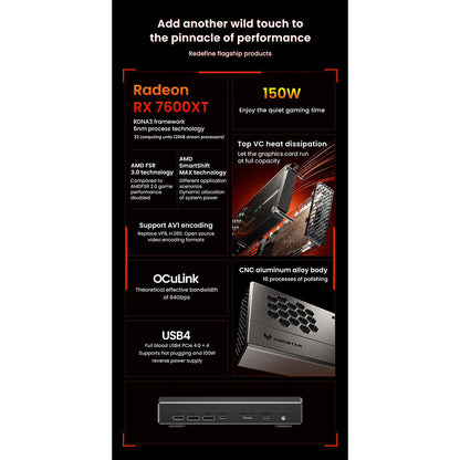 AOOSTAR XG76XT eGPU Dock with AMD Radeon RX 7600XT GPU, 8GB GDDR6 RAM, 128bit, 1*USB 4.0, 1*Oculink, 1*HDMI, 2*DP, 1*Type-C, 100W Reverse Charging