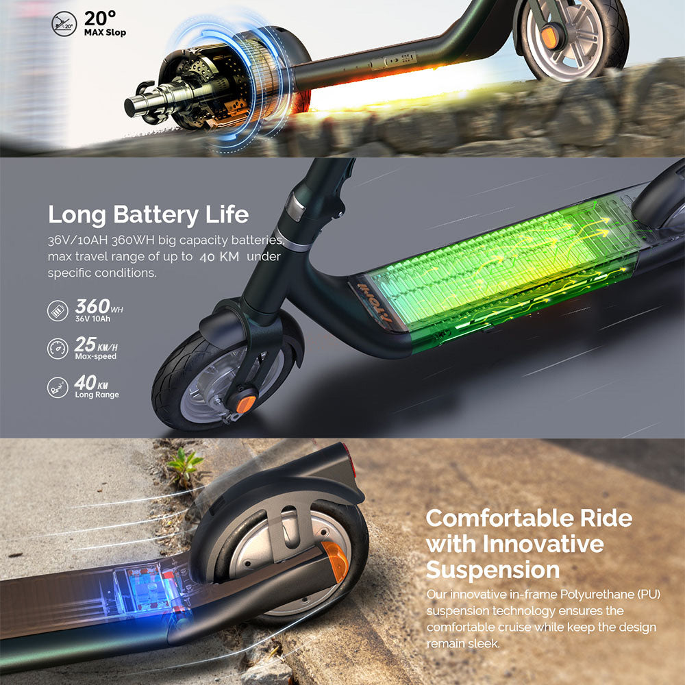 Elektrokolobežka Atomi Alpha, 9-palcové pneumatiky, 650W motor, 36V 10Ah batéria s dojazdom 25 míľ, maximálna rýchlosť 25 km/h, maximálne zaťaženie 120 kg, ovládanie cez aplikáciu – biela