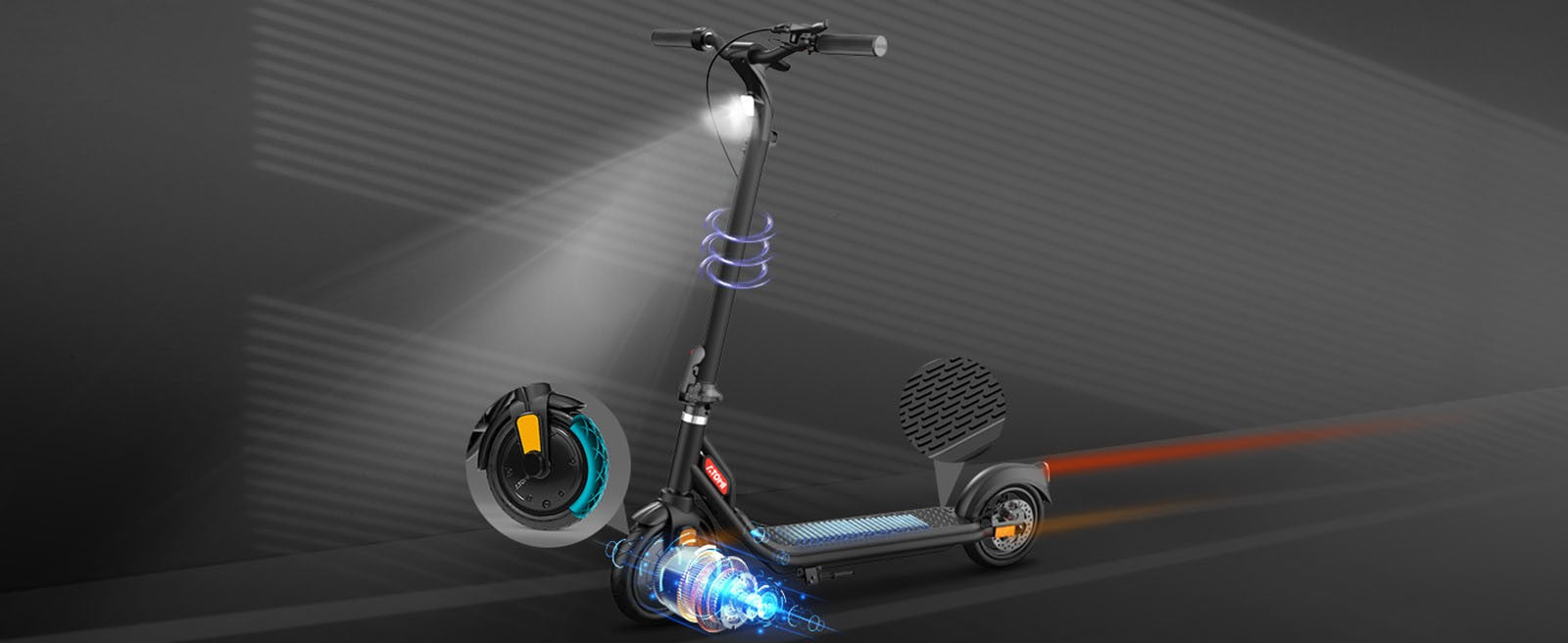 Elektromobil Atomi E20, 8,5 palcové nafukovacie kolesá, 250W motor (maximálny výkon 500W), 36V 7,5Ah batéria, dojazd 30 km, dvojité brzdy, nosnosť 120 kg.