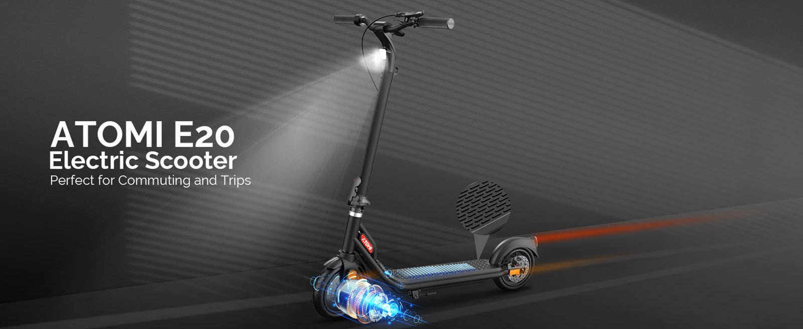 Elektromobil Atomi E20, 8,5 palcové nafukovacie kolesá, 250W motor (maximálny výkon 500W), 36V 7,5Ah batéria, dojazd 30 km, dvojité brzdy, nosnosť 120 kg.