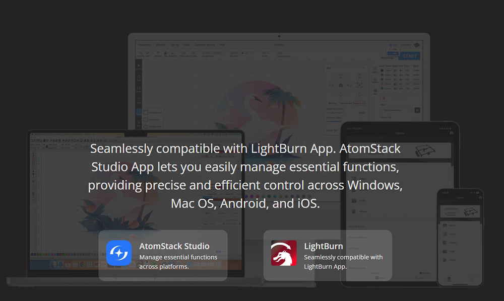 Laserový gravírovací a rezací stroj ATOMSTACK Hurricane CO2 triedy 1, 55 W výkon, 0,01 mm presnosť, 600 mm/s rýchlosť gravírovania, 500*300 mm, viditelný červený svetelný indikátor, 5MP kamera, automatický hasiaci systém, systém odvodzovania dymu