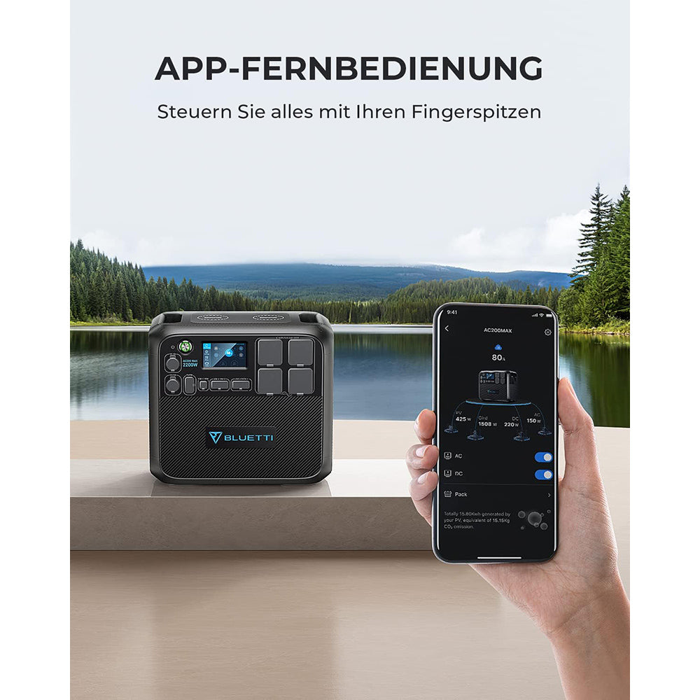 BLUETTI AC200MAX 2200W Portable Power Station, 2048Wh LiFePO4 Battery Solar Generator, with 4 2200W AC Sockets (4800W Peak), Expandable to 8192Wh, Pure Sine Wave, 30A RV Output, Power Storage Emergency Generator for Outdoor, App Control - EU Plug