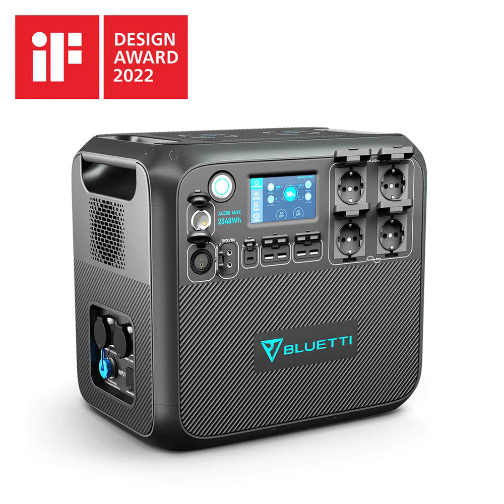 Prenosná elektráreň BLUETTI AC200MAX 2200W, solárny generátor s batériou LiFePO4 2048Wh, so 4 AC zásuvkami 2200W (špičkový výkon 4800W), rozširiteľná na 8192Wh, čistá sinusoida, výstup 30A pre karavány, záložný zdroj pre núdzové situácie pre vonkajšie použitie, ovládanie cez aplikáciu - EU zástrčka
