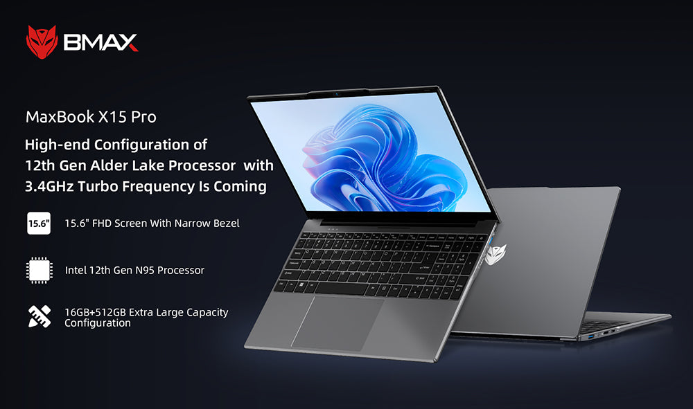 Laptop BMAX X15 Pro, 15,6 palcový IPS displej s rozlíšením 1920*1080, Intel N95 s 4 jadierami, max. 3,4 GHz, 16 GB RAM, 512 GB SSD, WiFi 5, Bluetooth 5.0, batéria 5000 mAh, 1x Type-C, 2x USB 3.2, 1x Mini HDMI, 1x Micro SD slot, 1x konektor pre slúchadlá, plnohodnotná klávesnica.