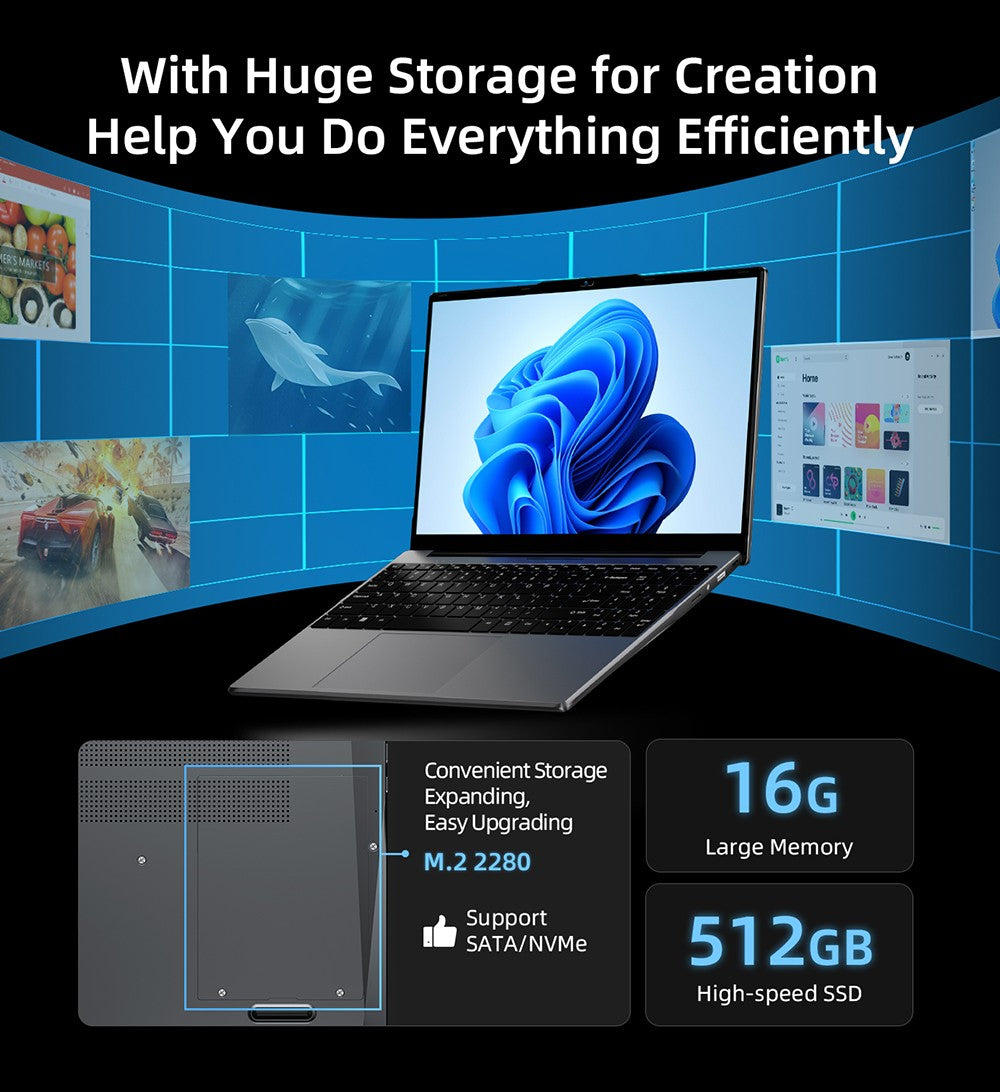 Laptop BMAX X15 Pro, 15,6 palcový IPS displej s rozlíšením 1920*1080, Intel N95 s 4 jadierami, max. 3,4 GHz, 16 GB RAM, 512 GB SSD, WiFi 5, Bluetooth 5.0, batéria 5000 mAh, 1x Type-C, 2x USB 3.2, 1x Mini HDMI, 1x Micro SD slot, 1x konektor pre slúchadlá, plnohodnotná klávesnica.