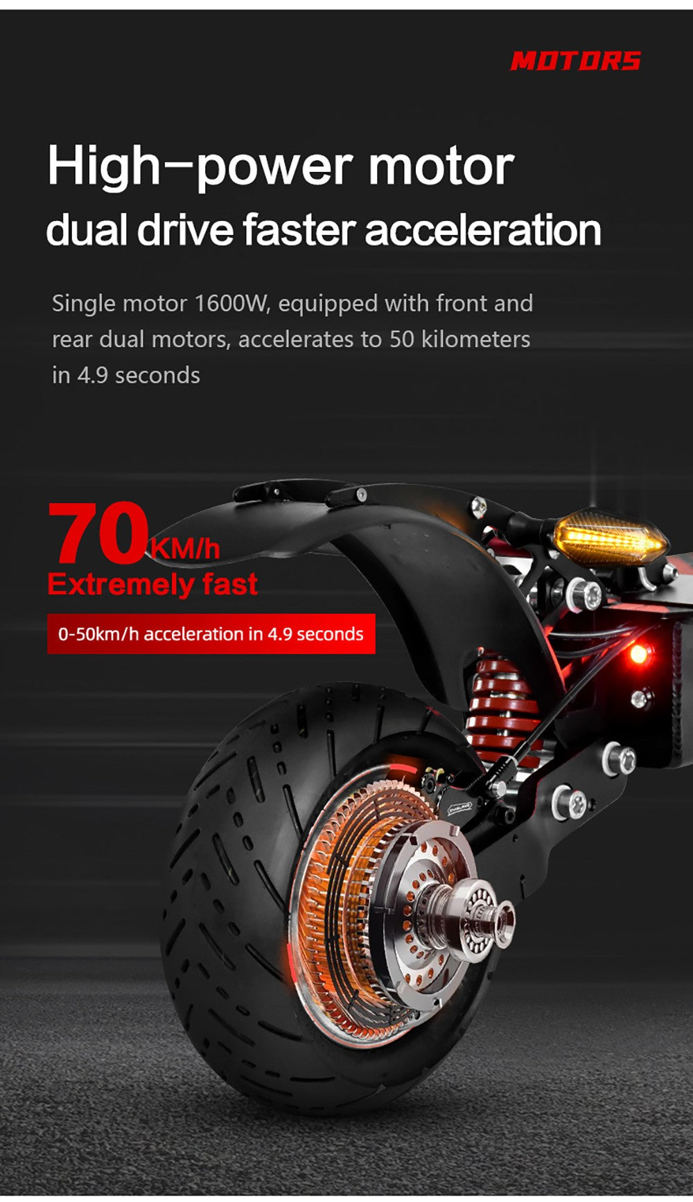 Elektromobilná kolobežka BOYUEDA Q7 Pro, 2*1600W motor, 52V 19AH batéria, 10-palcové kolesá, maximálna rýchlosť 70 km/h, dojazd 70 km, dvojité hydraulické kotúčové brzdy, predné hydraulické odpruženie a zadné pružinové odpruženie, ovládanie cez aplikáciu.