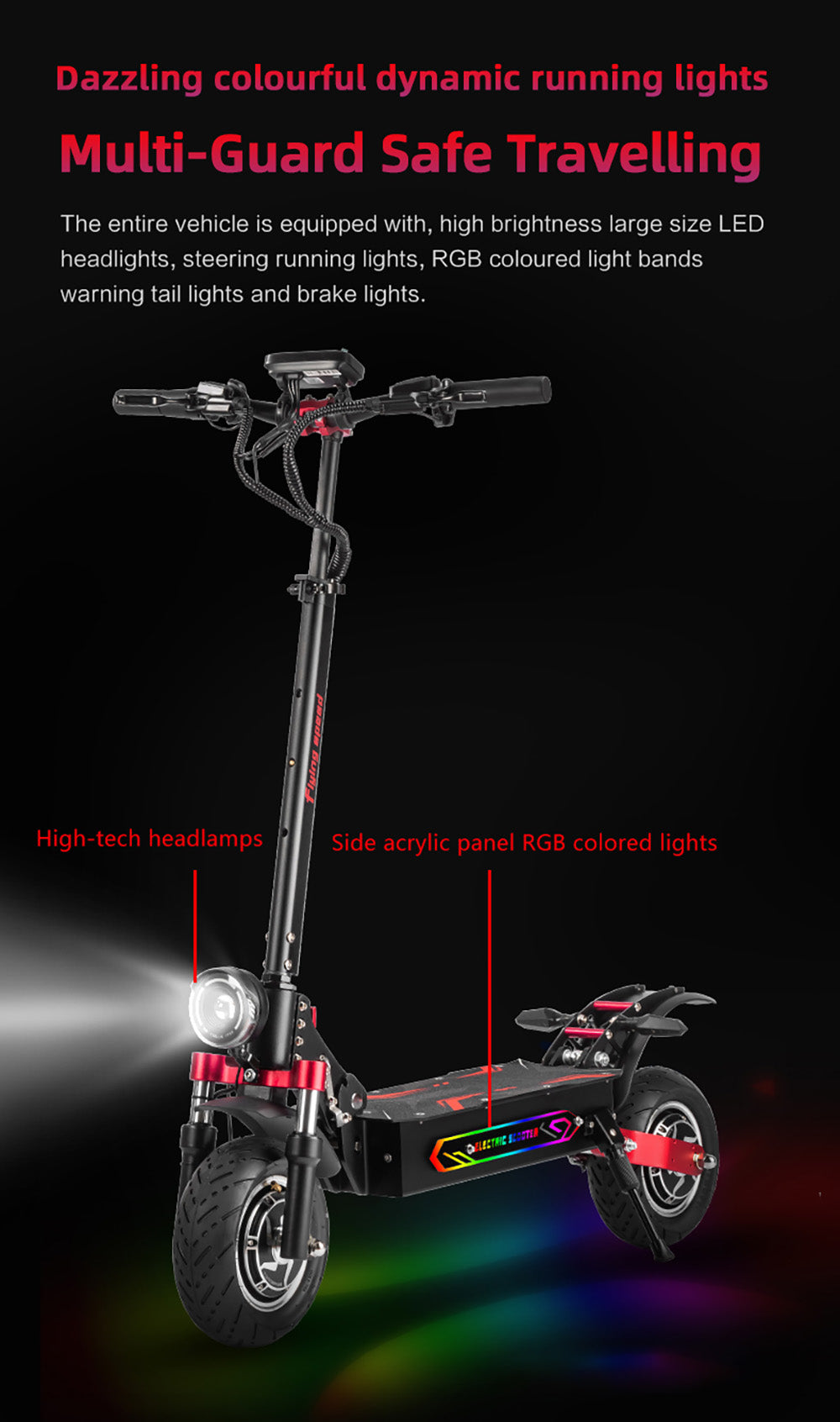 Elektromobilná kolobežka BOYUEDA Q7 Pro Max, 2x 1600W motor, 52V 28AH batéria, 10-palcové kolesá, maximálna rýchlosť 70 km/h, dojazd 110 km, dvojité hydraulické kotúčové brzdy, predný hydraulický tlmič a zadný pružinový tlmič, LCD displej.