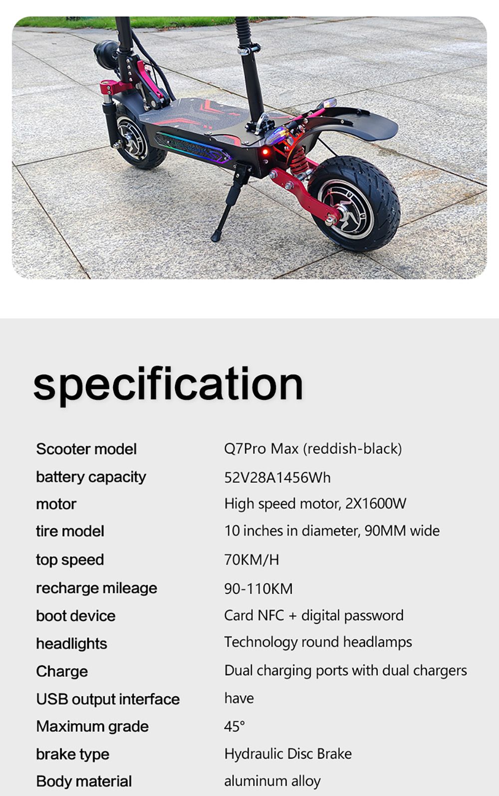 Elektromobilná kolobežka BOYUEDA Q7 Pro Max, 2x 1600W motor, 52V 28AH batéria, 10-palcové kolesá, maximálna rýchlosť 70 km/h, dojazd 110 km, dvojité hydraulické kotúčové brzdy, predný hydraulický tlmič a zadný pružinový tlmič, LCD displej.