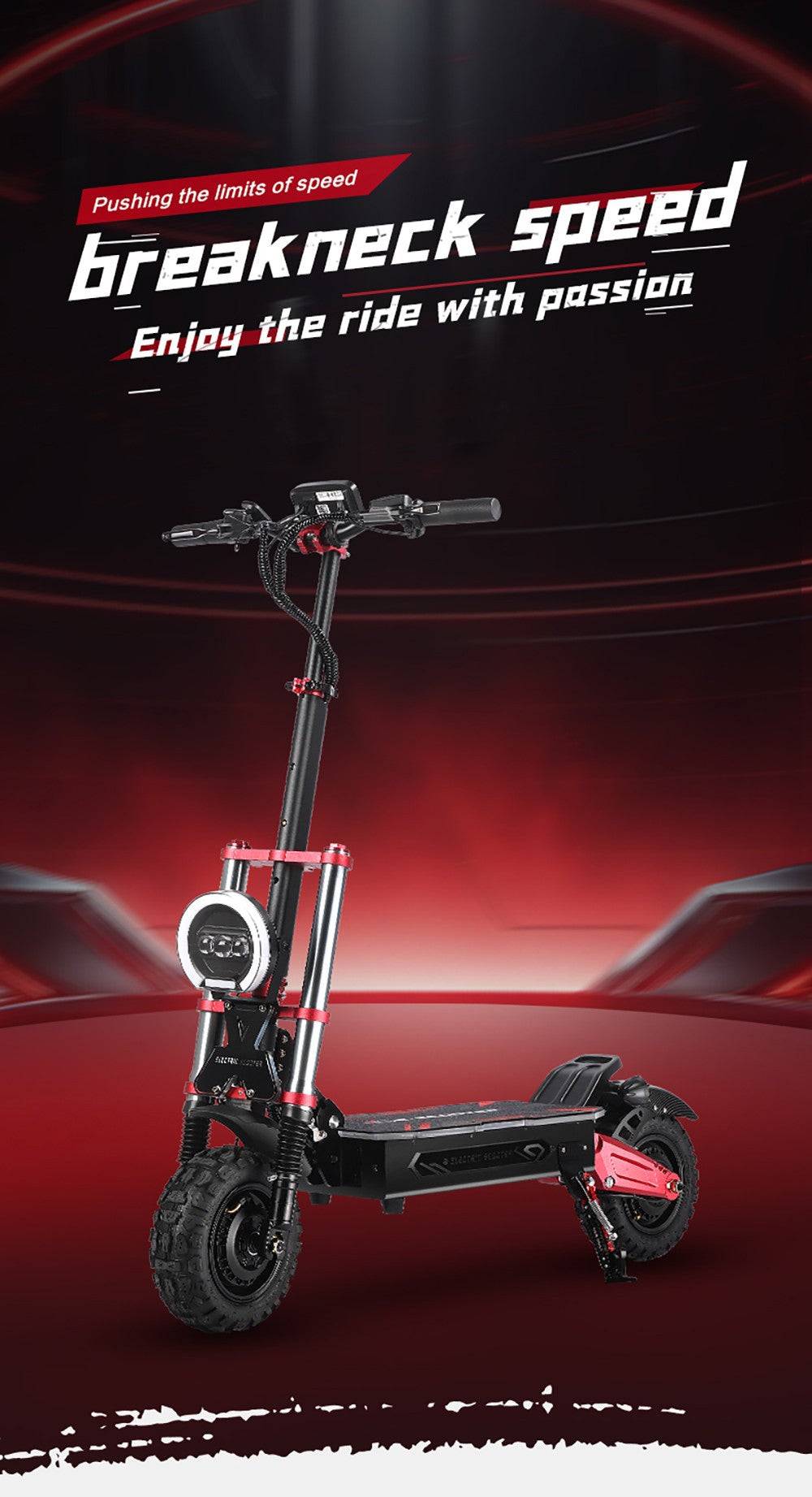 Elektromobilná kolobežka BOYUEDA S5-11, 2*3000W motor, 60V 38AH batéria, 11-palcové kolesá, maximálna rýchlosť 85 km/h, dojazd 120 km, dvojité hydraulické kotúčové brzdy, hydraulické tlmiče nárazov, LCD displej.
