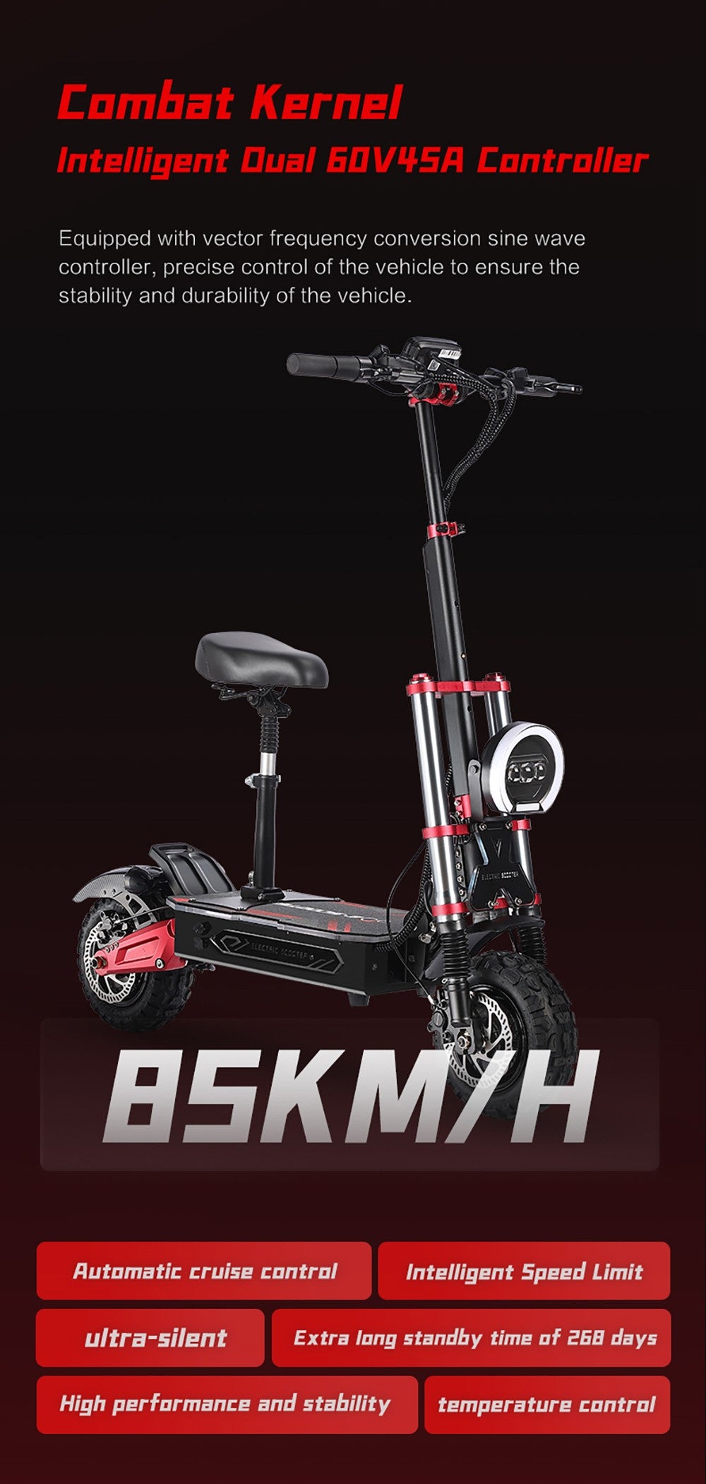 Elektromobilná kolobežka BOYUEDA S5-11, 2*3000W motor, 60V 38AH batéria, 11-palcové kolesá, maximálna rýchlosť 85 km/h, dojazd 120 km, dvojité hydraulické kotúčové brzdy, hydraulické tlmiče nárazov, LCD displej.