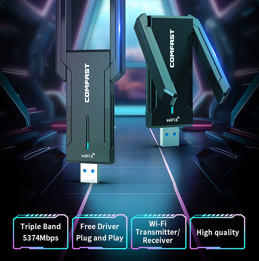 COMFAST CF-972AX WiFi 6 adaptér, herný bezdrôtový adaptér, trojkanálový 5374 Mbps, USB 3.0, bez ovládačov, WiFi dongle, podporuje režim AP.