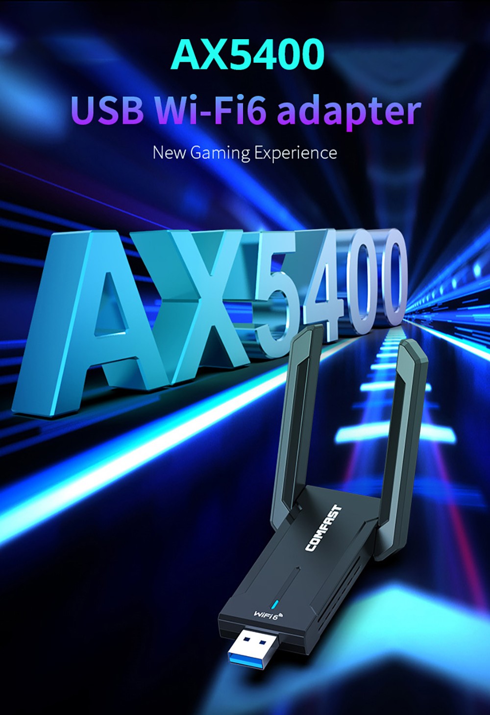 COMFAST CF-972AX WiFi 6 adaptér, herný bezdrôtový adaptér, trojkanálový 5374 Mbps, USB 3.0, bez ovládačov, WiFi dongle, podporuje režim AP.