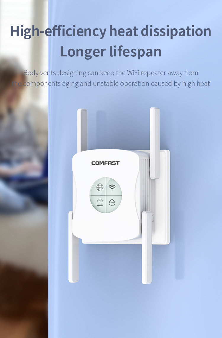 Bezdrôtový smerovač a zosilňovač signálu COMFAST CF-XR183 až do 1200 Mb/s, 4×2dBi antény, zosilňovač WiFi signálu, WiFi 6 - US
