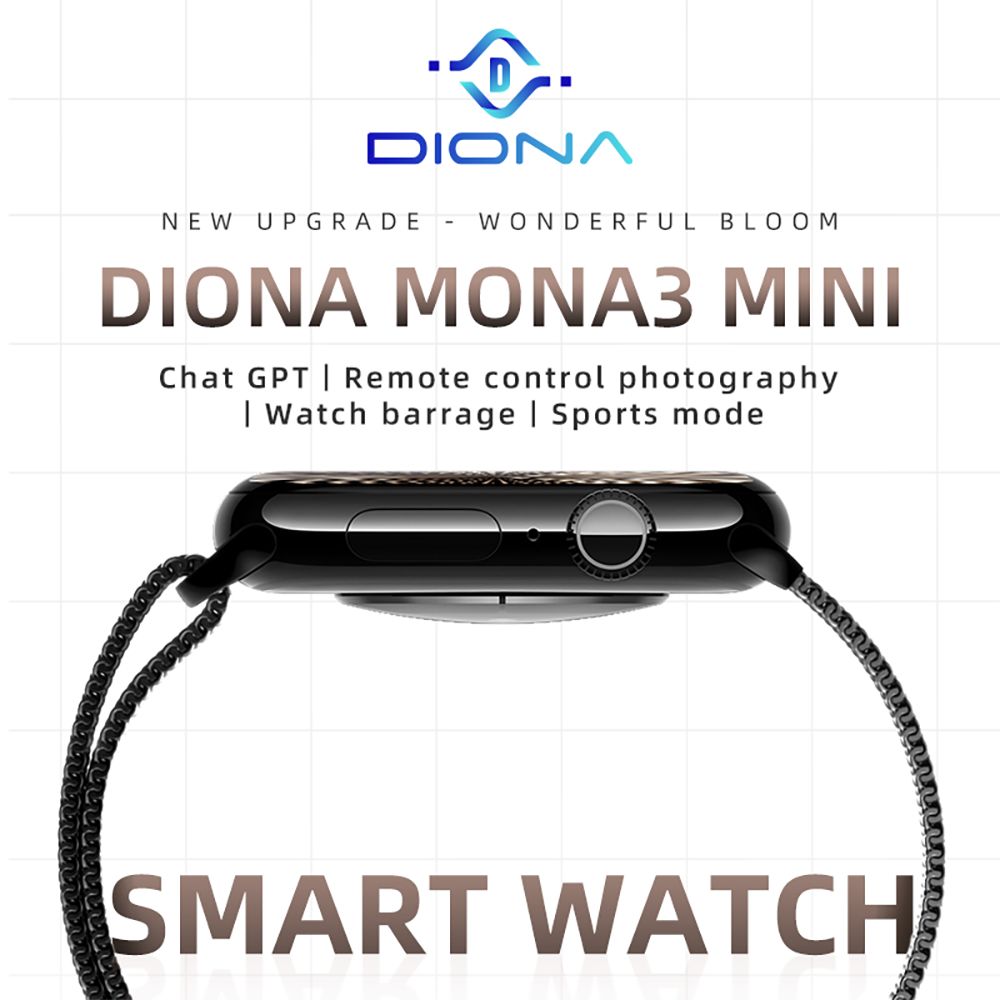 Diona MONA3 Mini Smartwatch, 2,10-palcový displej, monitorovanie zdravia a spánku, Bluetooth hovory, viaceré režimy pre rôzne sporty, hlasový asistent – čierna
