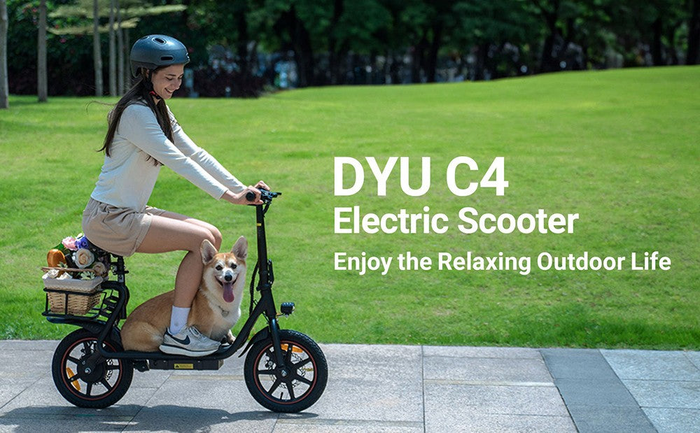 DYU C4 skladací elektrický skúter, 250W motor, 36V 10AH batéria, 14 palcové pneumatiky, maximálna rýchlosť 25 km/h, dojazd 42 km, predné a zadné kotúčové brzdy.