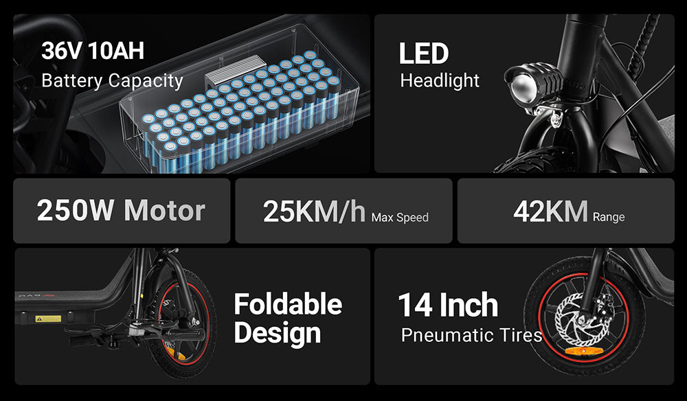 DYU C4 skladací elektrický skúter, 250W motor, 36V 10AH batéria, 14 palcové pneumatiky, maximálna rýchlosť 25 km/h, dojazd 42 km, predné a zadné kotúčové brzdy.