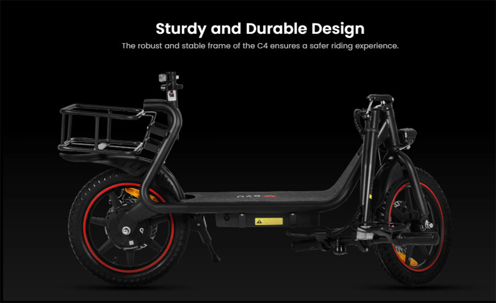 DYU C4 skladací elektrický skúter, 250W motor, 36V 10AH batéria, 14 palcové pneumatiky, maximálna rýchlosť 25 km/h, dojazd 42 km, predné a zadné kotúčové brzdy.