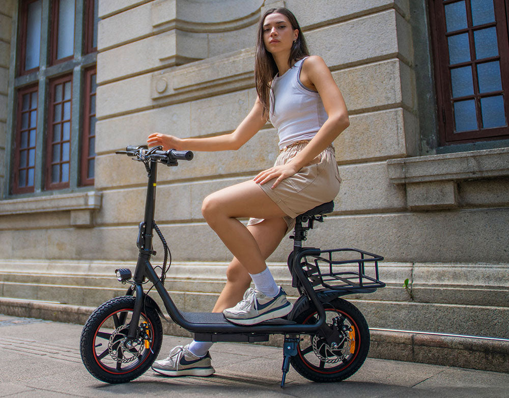 DYU C4 skladací elektrický skúter, 250W motor, 36V 10AH batéria, 14 palcové pneumatiky, maximálna rýchlosť 25 km/h, dojazd 42 km, predné a zadné kotúčové brzdy.