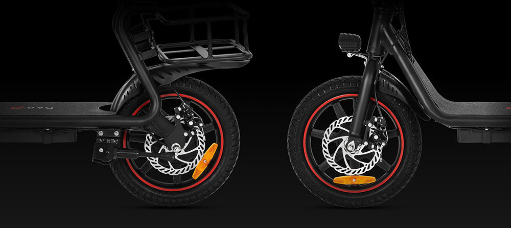 DYU C4 skladací elektrický skúter, 250W motor, 36V 10AH batéria, 14 palcové pneumatiky, maximálna rýchlosť 25 km/h, dojazd 42 km, predné a zadné kotúčové brzdy.