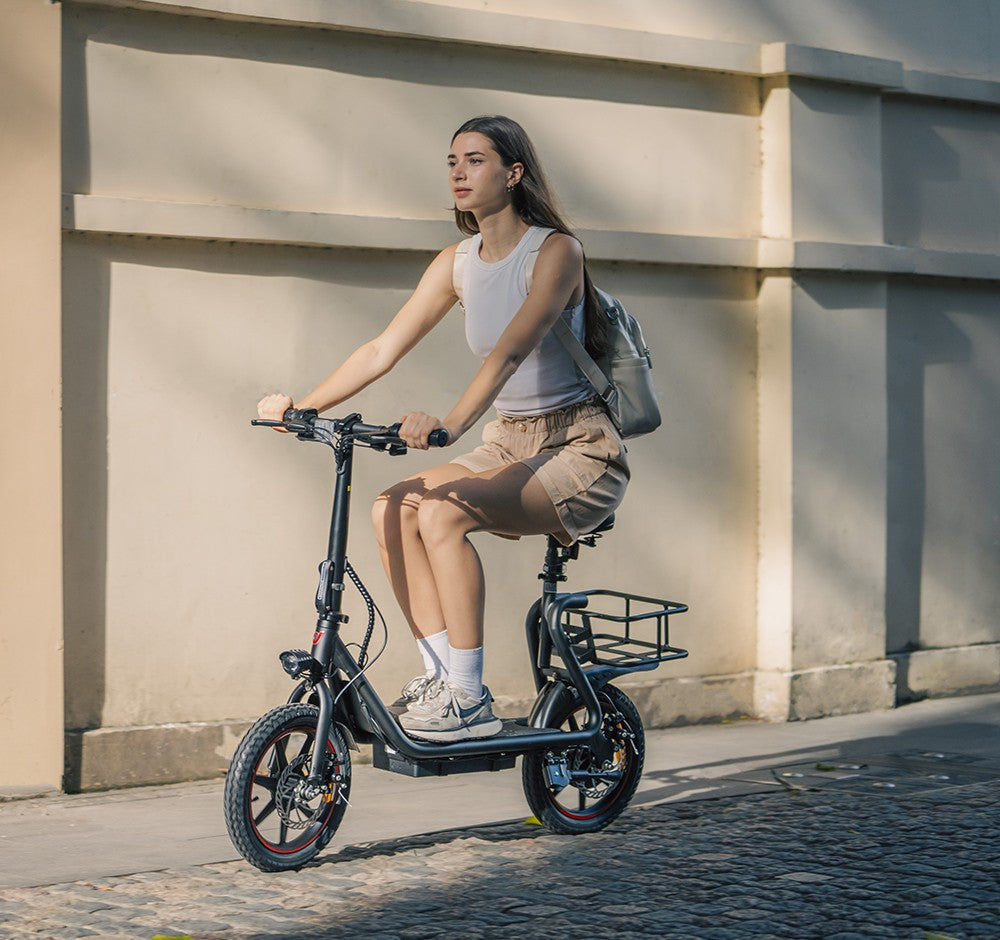 DYU C4 skladací elektrický skúter, 250W motor, 36V 10AH batéria, 14 palcové pneumatiky, maximálna rýchlosť 25 km/h, dojazd 42 km, predné a zadné kotúčové brzdy.