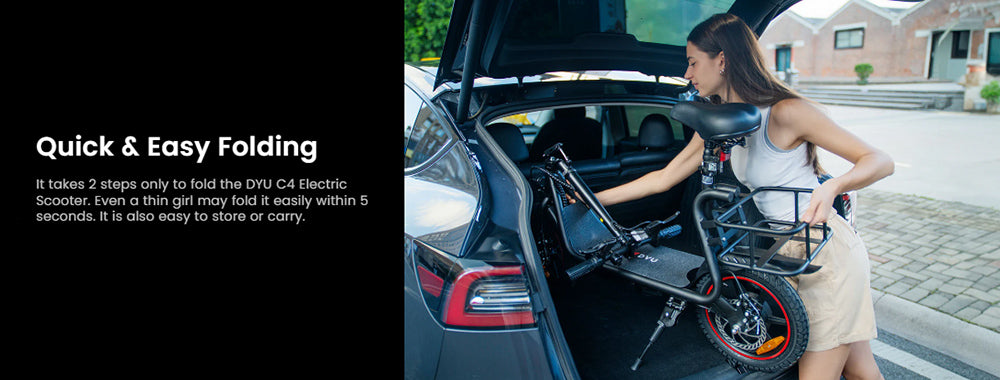 DYU C4 skladací elektrický skúter, 250W motor, 36V 10AH batéria, 14 palcové pneumatiky, maximálna rýchlosť 25 km/h, dojazd 42 km, predné a zadné kotúčové brzdy.