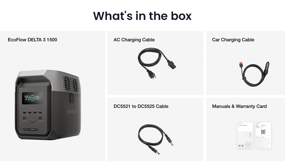 Prenosná elektráreň EcoFlow DELTA 3 1500, 1536Wh LFP batéria, 1800W solárny generátor, 15 zásuviek, <15ms UPS, rozširuje sa na 5,5 kWh, ovládanie cez aplikáciu, ochrana IP65, 1,5h rýchlonabíjanie, pre zálohu domácnosti, vonkajšie kempovanie a karavány, čierna