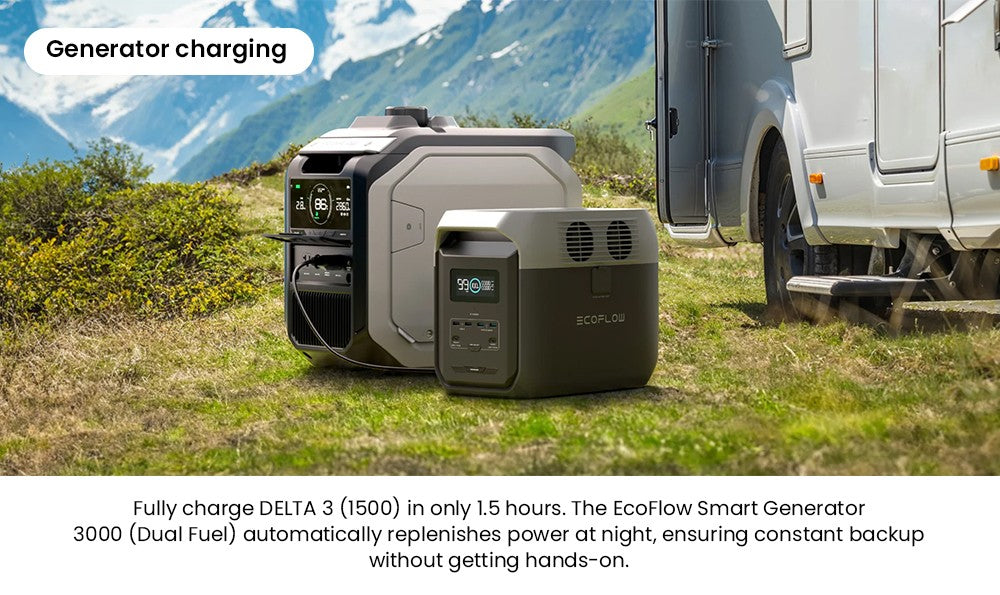 Prenosná elektráreň EcoFlow DELTA 3 1500, 1536Wh LFP batéria, 1800W solárny generátor, 15 zásuviek, <15ms UPS, rozširuje sa na 5,5 kWh, ovládanie cez aplikáciu, ochrana IP65, 1,5h rýchlonabíjanie, pre zálohu domácnosti, vonkajšie kempovanie a karavány, čierna