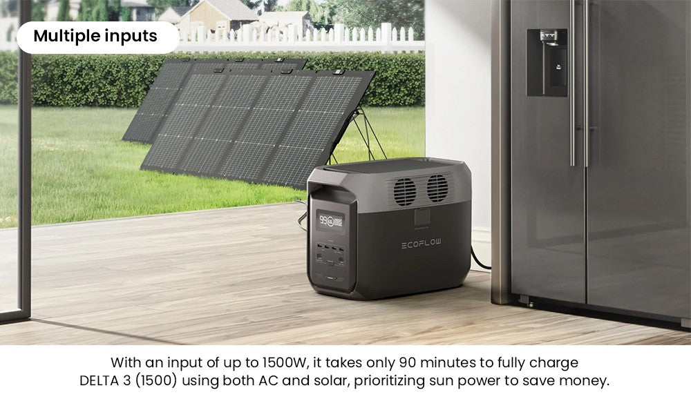Prenosná elektráreň EcoFlow DELTA 3 1500, 1536Wh LFP batéria, 1800W solárny generátor, 15 zásuviek, <15ms UPS, rozširuje sa na 5,5 kWh, ovládanie cez aplikáciu, ochrana IP65, 1,5h rýchlonabíjanie, pre zálohu domácnosti, vonkajšie kempovanie a karavány, čierna