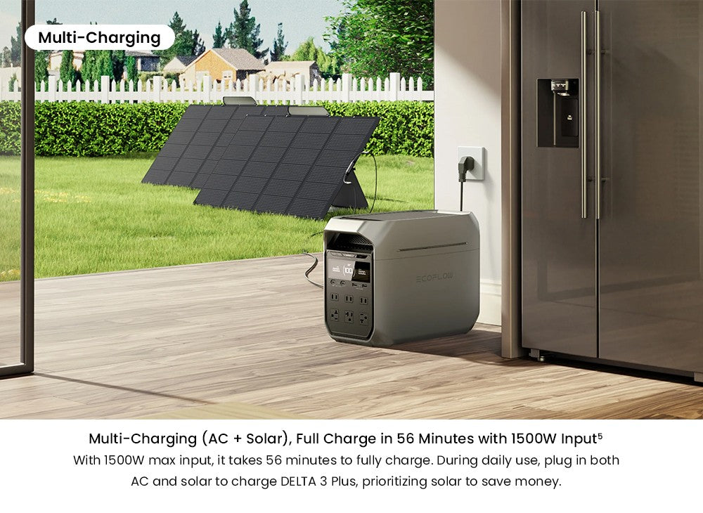 Prenosná elektráreň EcoFlow DELTA 3 Plus, 1024Wh LFP batéria, 1800W solárny generátor, 13 zásuviek, UPS <10ms a hluk <30dB, rozširuje sa na 5kWh, ovládanie cez aplikáciu, ochrana IP65, 56min rýchle nabíjanie, pre záložné napájanie domácnosti, vonkajšie kempovanie a karavány.