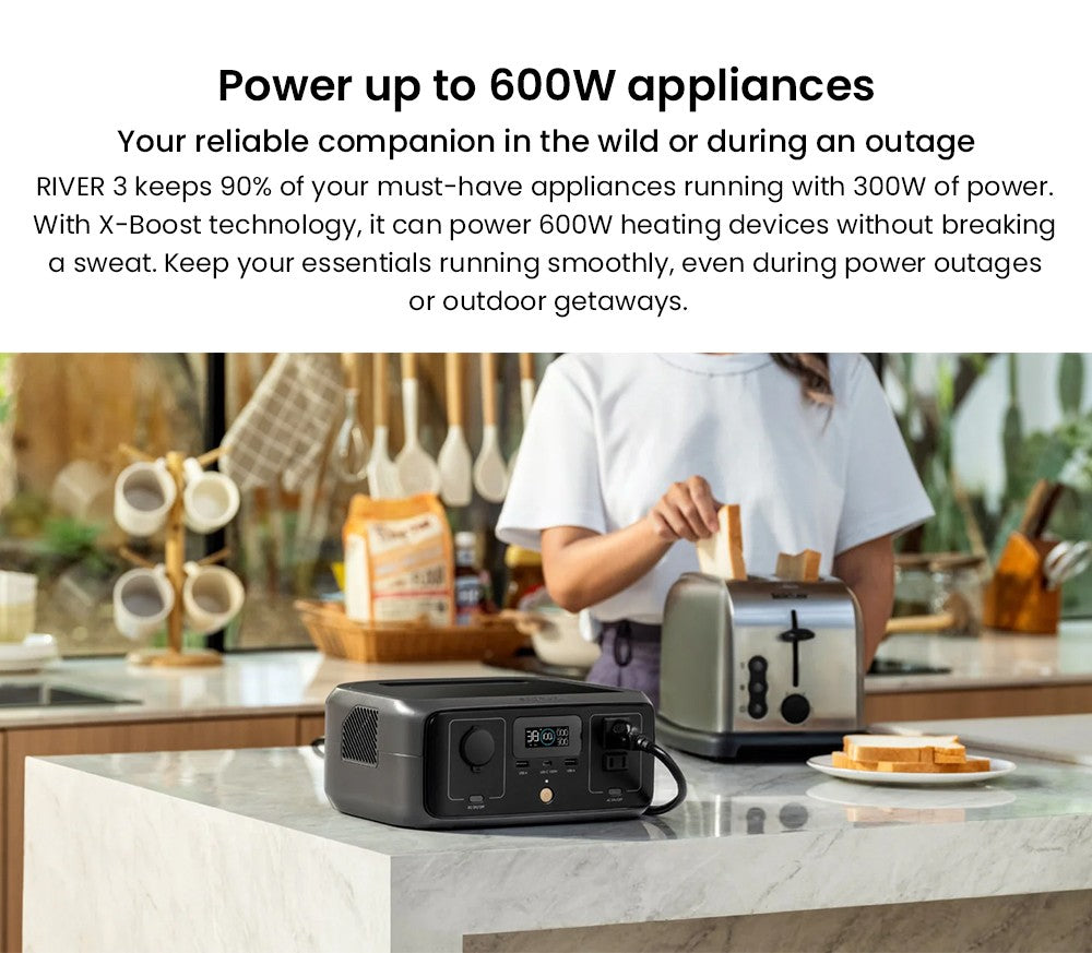 Prenosná elektráreň EcoFlow RIVER 3, 245Wh LiFePO4 batéria, 300W až 600W AC výstup, 6 zásuviek, UPS <20ms & <30dB, IP54 vodotesná, 1h rýchlonabíjanie solárneho generátora, pre vonkajšie/kempingové/domáce použitie