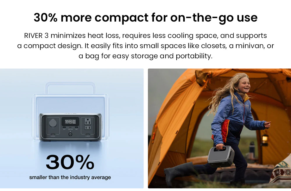 Prenosná elektráreň EcoFlow RIVER 3, 245Wh LiFePO4 batéria, 300W až 600W AC výstup, 6 zásuviek, UPS <20ms a <30dB, IP54 vodotesná, 1h rýchlonabíjanie solárneho generátora, pre vonkajšie/kempingové/domáce použitie