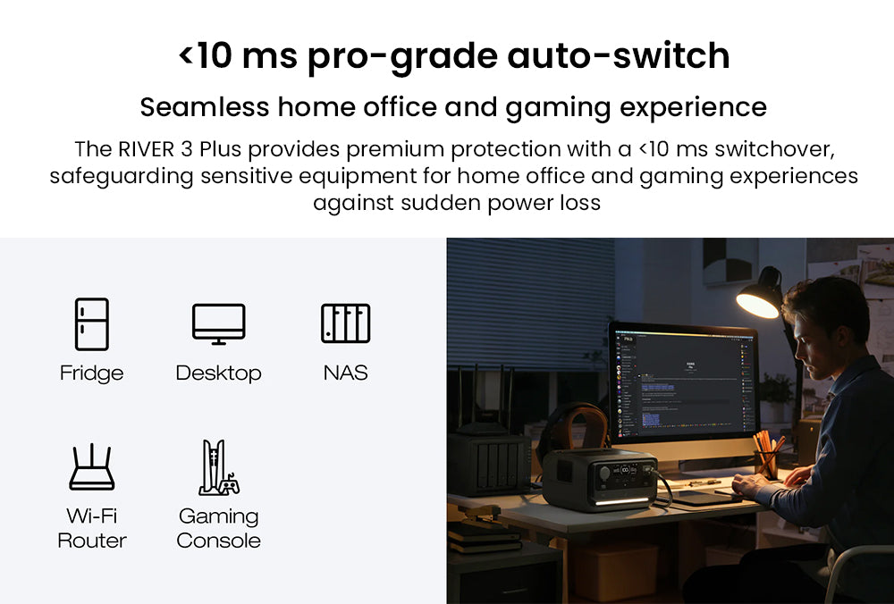 Prenosná elektráreň EcoFlow RIVER 3 Plus, 286Wh LiFePO4 batéria, 600W až 1200W AC výstup, 7 zásuviek, <10ms UPS a <30dB hluk, rozširuje sa na 858Wh, ovládanie cez aplikáciu, 1hodinové rýchlonabíjanie, solárny generátor pre vonkajšie kempovanie/karavány/domácnosť.