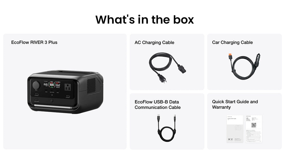 Prenosná elektráreň EcoFlow RIVER 3 Plus, 286Wh LiFePO4 batéria, 600W až 1200W AC výstup, 7 zásuviek, UPS <10ms a hluk <30dB, rozširuje sa na 858Wh, ovládanie cez aplikáciu, 1hodinové rýchlonabíjanie, solárny generátor pre vonkajšie kempovanie/karavány/domácnosť.