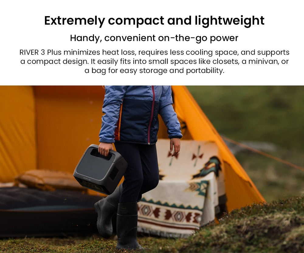 Prenosná elektráreň EcoFlow RIVER 3 Plus, 286Wh LiFePO4 batéria, 600W až 1200W AC výstup, 7 zásuviek, UPS <10ms a hluk <30dB, rozširuje sa na 858Wh, ovládanie cez aplikáciu, 1hodinové rýchlonabíjanie, solárny generátor pre vonkajšie kempovanie/karavány/domácnosť.