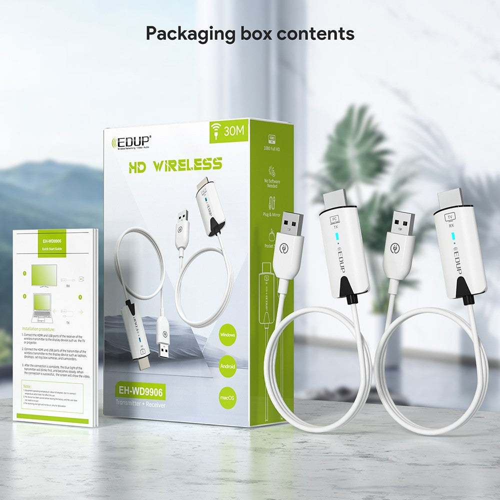 Bezdrôtový HDMI vysielač a prijímač EDUP EH-WD9906, Plug & Play, zrkadlenie a rozšírenie obrazovky, dosah 30 m, 1 prijímač na 8 vysielačov
