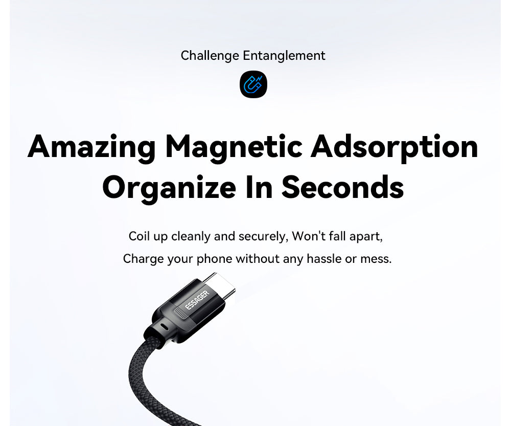 Nabíjací kábel ESSAGER 100W 5A Type-C na Type-C, USB 2.0 480 Mb/s, magnetické pripevnenie, flexibilné nastavenie, čip E-Marker, 1 m