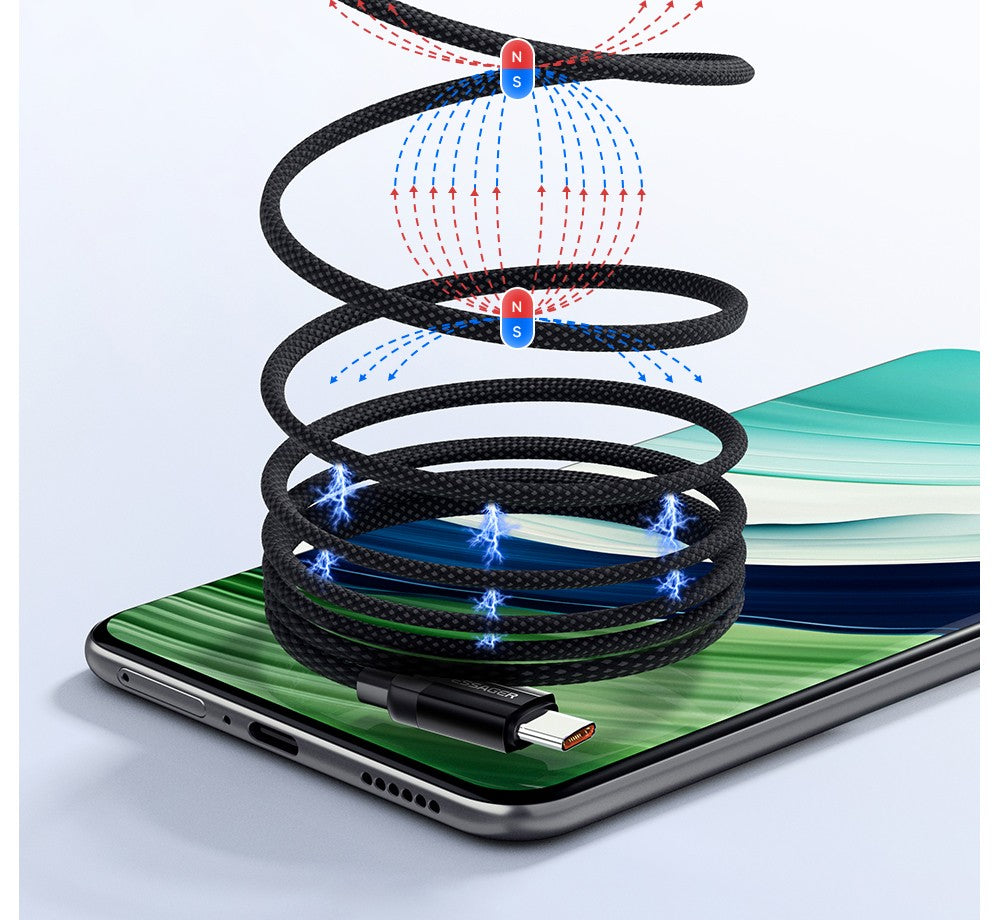 Nabíjací kábel ESSAGER 100W 5A Type-C na Type-C, USB 2.0 480 Mb/s, magnetické pripevnenie, flexibilné nastavenie, čip E-Marker, 1 m