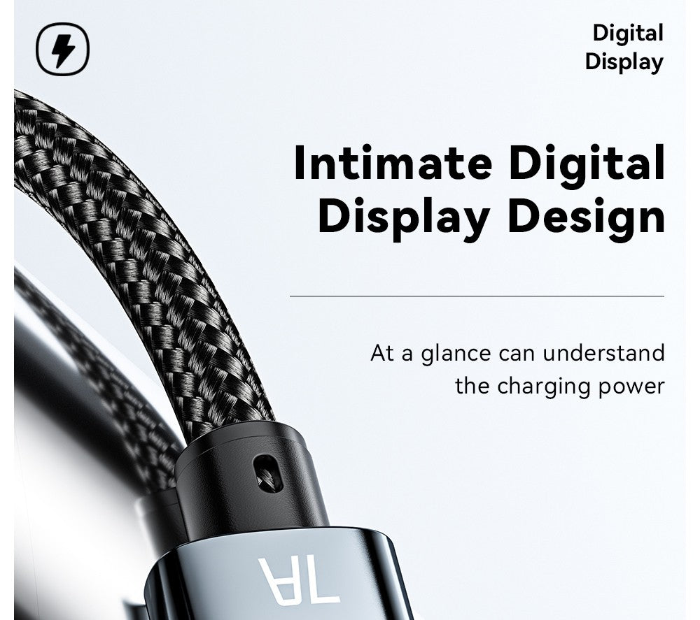 Nabíjací kábel ESSAGER 100W 7A USB-A na Type-C, s digitálnym displejom, USB2.0 480Mbps, s suchým zipsom, protokol QC.