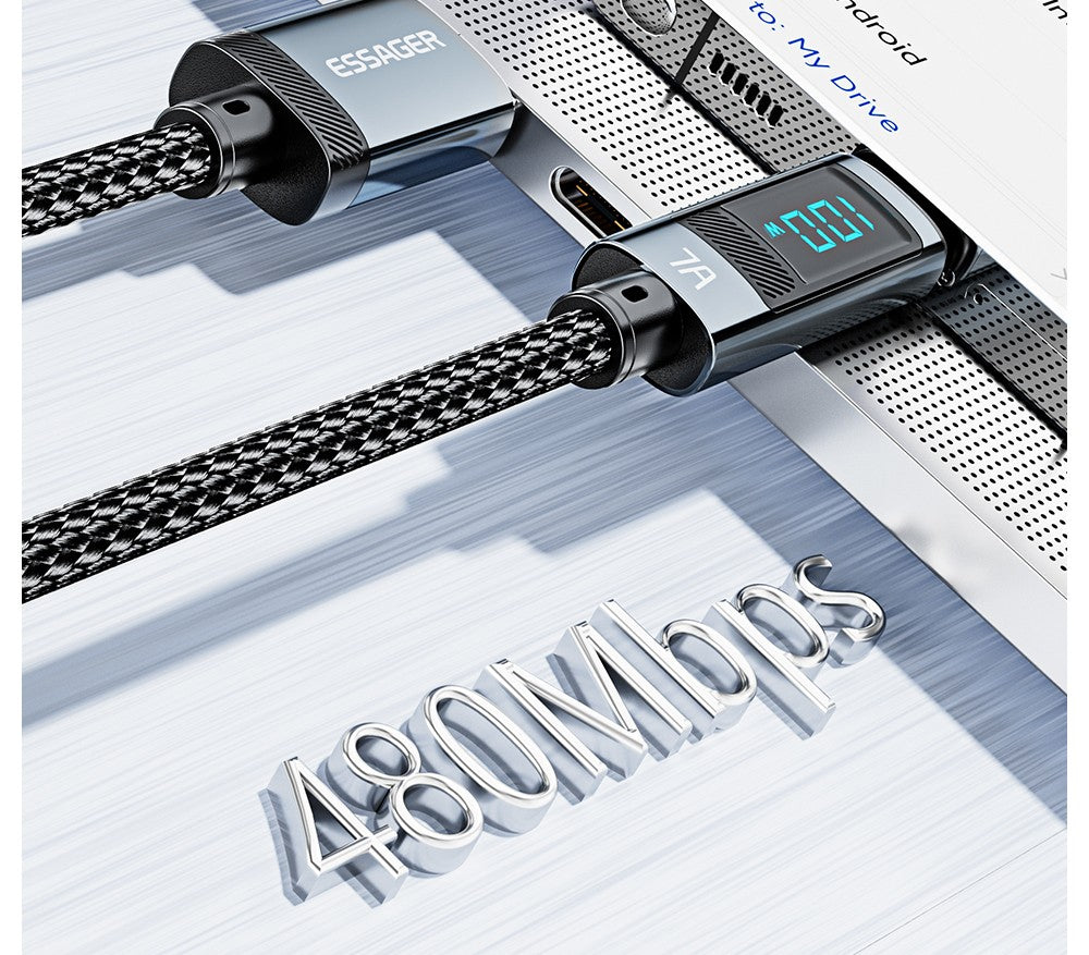 Nabíjací kábel ESSAGER 100W 7A USB-A na Type-C, s digitálnym displejom, USB2.0 480Mbps, s suchým zipsom, protokol QC.