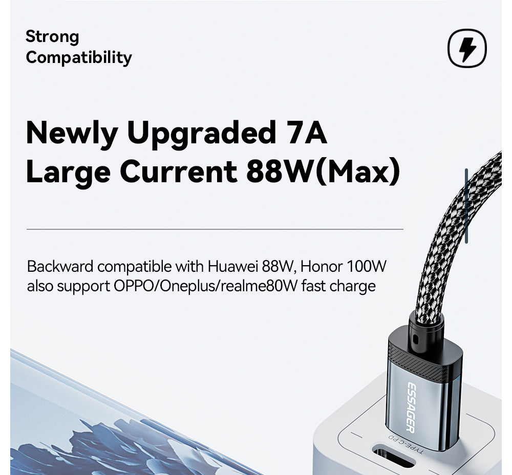 Nabíjací kábel ESSAGER 100W 7A USB-A na Type-C, s digitálnym displejom, USB2.0 480Mbps, s suchým zipsom, protokol QC.