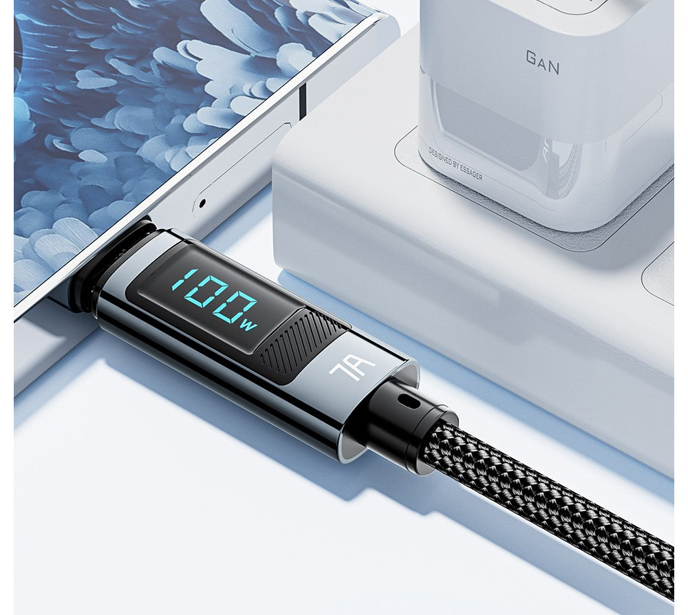 Nabíjací kábel ESSAGER 100W 7A USB-A na Type-C, s digitálnym displejom, USB2.0 480Mbps, s suchým zipsom, protokol QC.