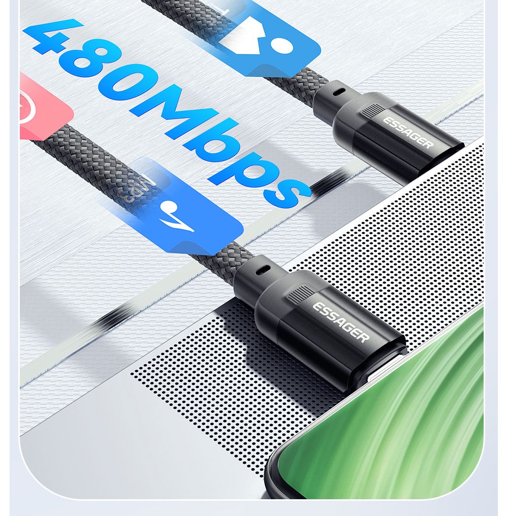 Nabíjací kábel ESSAGER 240W 5A Type-C na Type-C, USB 2.0 480 Mb/s, magnetické pripevnenie, flexibilné nastavenie, čip E-Marker, 1 m